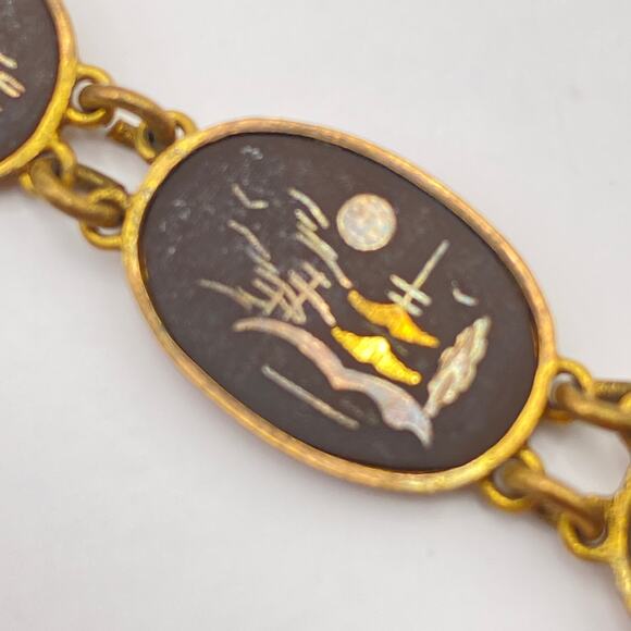Signed JAPAN Bracelet Vge Japanese Damascene Nature Scenes 1950s Black Gold Tone - Picture 11 of 16